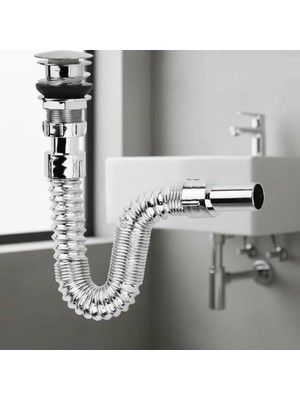 Hace Bazaar Krom Basmalı Sifon -Körüklü Sifon Bas Stoplu Lavabo Mutfak Sifonu-Paslanmaz