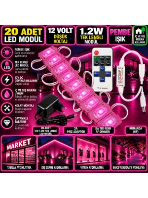 Powerr Led Aydınlatma 20 Adet 12V 1.2W Dar Açılı Tek Lensli Pembe LED Modül 3A Priz Adaptör 12A Tek Renk Rf Dimmer Set