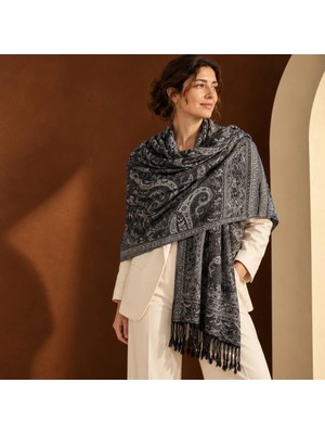 Eos Kolektif Siyah Paisley Desenli Çift Taraflı Paşmina Şal 175X70 cm