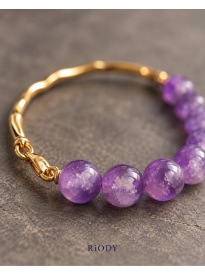 Riody Onde Violette Mor Yuvarlak Boncuklu Gold Renkli Dalgalı Metal Detaylı Zarif Kadın Bileklik