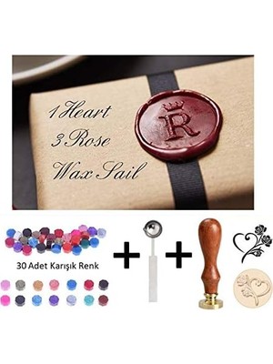 Tr Retro Mektup Mühürü Damga 1 Kalp 3 Gül + 30 Adet Mühür Mumu + Eritme Kaşığı