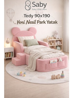 Saby Luxury Tedyy Baza ve Başlıklı Montessori Full Sünger Yatak Seti - Pembe - 90 x 190