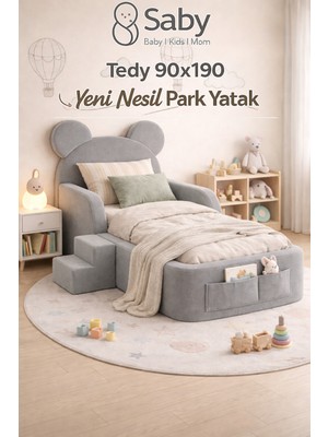 Saby Luxury Tedyy Baza ve Başlıklı Montessori Full Sünger Yatak Seti - Gri - 70 x 130