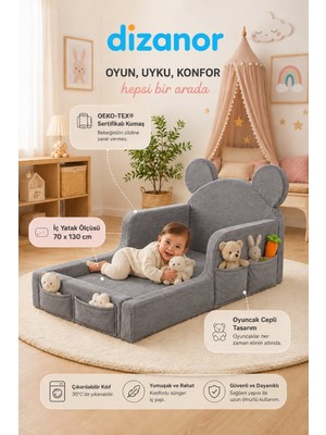 Dizanor Luxury Tedyy Baza ve Başlıklı Montessori Full Sünger Yatak Seti - Gri - 70 x 130