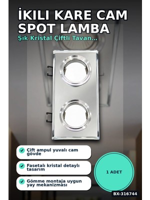 Eldenör Ikili Kare Cam Spot Lamba - GU10 Duy LED Çerçeveli 4000K Kristal Tavan Armatürü, 1 Adet BX-316744