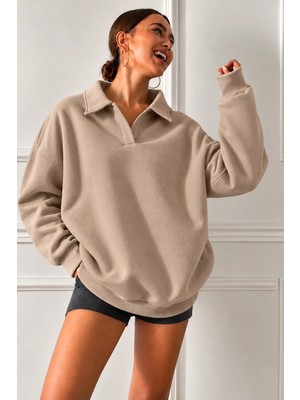 Guaraz Kadın Polo Yakalı Pamuklu Yumuşak Kumaşlı Oversize Sweatshirt
