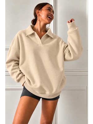 Guaraz Kadın Polo Yakalı Pamuklu Yumuşak Kumaşlı Oversize Sweatshirt
