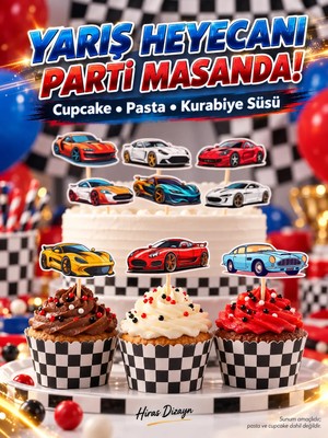 Hiras Dizayn Spor Yarış Arabası Temalı Erkek Çocuk Cupcake - Pasta - Kurabiye Süsleri 20 Adet Kürdanlı