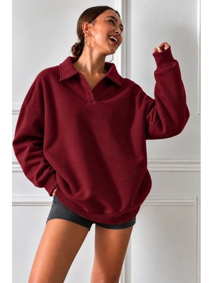 Guaraz Kadın Polo Yakalı Pamuklu Yumuşak Kumaşlı Oversize Sweatshirt
