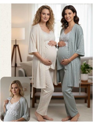 Bone Club Yeşil Keten  Penye Hamile Lohusa 3 Lü Pijama Sabahlık Tk