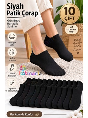 Footmania Kadın 10 Çift Siyah Patik Çorap Seti Pamuklu
