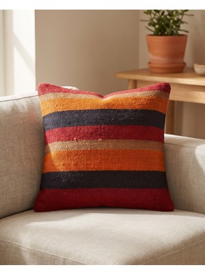 Last İcon Retro Çizgili Kilim Kırlent Kılıfı 45X45 cm Kırmızı Turuncu Siyah Etnik Vintage Görünümlü