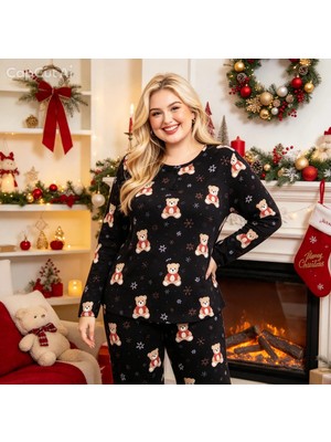 NiCe İç Giyim Büyük Beden Yılbaşı Desen Bisiklet Yaka Thermal Ultra Soft Kumaş Kadın Pijama Takım (2xl-3xl-4xl-5xl)