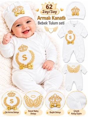 Sönmez Bebe Yenidoğan Erkek Bebek Mevlüt Tulum Seti %100 Pamuk 2-3AY 62 Beden Altın Nakışlı Taçlı Melek Kanatlı Şapkalı Patikli Özel Gün Hastane Çıkışı-Bebek Hediyelik