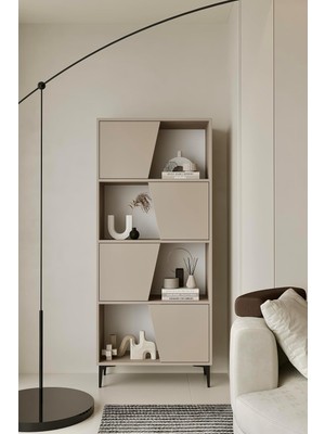 Tr Roma Kitaplık 175 cm - Vitrin - Gümüşlük (100% Mdf) Metal Ayak (Kumtaşı, 175 Cm)