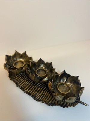 Tr Peramari Dekoratif Polyester Lotus Üçlü Mumluk Takımı, Gold ve Siyah Eskitme Gold(Golt Siyah