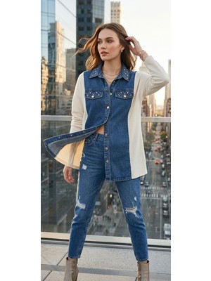 Storm Wear Çift Kumaş Detaylı Taşlı Denim Gömlek