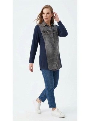 Storm Wear Çift Kumaş Detaylı Taşlı Denim Gömlek