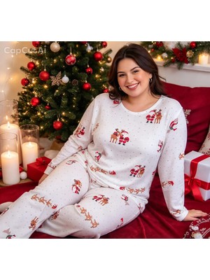 NiCe İç Giyim Büyük Beden Yılbaşı Temalı Beyaz Renk Bisiklet Yaka Kadın Thermal Ultra Soft Kumaş (2xl-3xl-4xl-5xl)