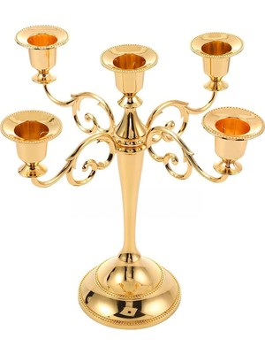 Tr 5 Gözlü Şık Restoran Düğün Şamdan Dekoratif Metal Gold Mumluk MT156GLD