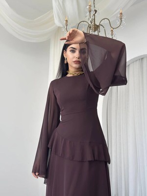 Miss Beyoğlu Volan Detaylı Şifon Elbise - Geniş Kollu Uzun Kadın Elbise