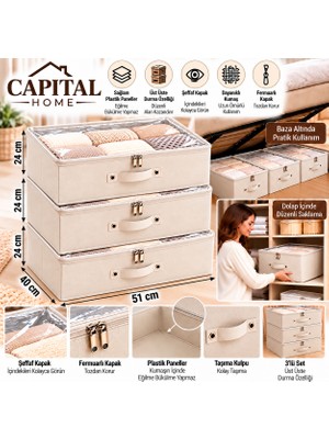 Capital Home 3 Adet Çok Amaçlı Düzenleyici Hurç + Saklama Kutusu Şefaf Kapallı +Fermuarlı Büyük Boy  51X40X24