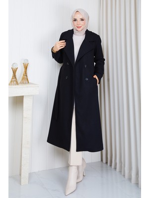 Pamuk Butik Kadın Kruvaze Yaka Kuşaklı Astarlı Kaşe Kaban -PMK634
