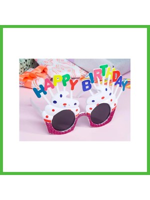 Bezos Happy Birthday Yazılı Beyaz Fuşya Renk Beyaz Pastalı Parti Gözlüğü 12X7 cm Arz