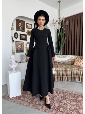 Miss Beyoğlu Belden Büzgülü Düz Yaka Elbise - Uzun Kollu Kadın Elbise