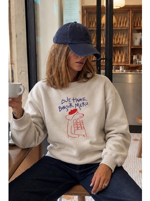 Monila Kadın Premium Kumaş 3 Iplik Şardonlu Köpek Baskılı Sweatshirt