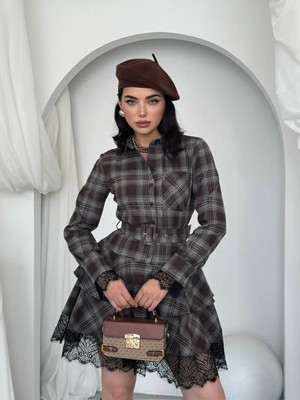 Miss Beyoğlu Ekose Gömlek Elbise - Kemerli Dantel Detaylı Kadın Mini Elbise
