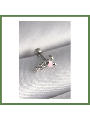 Bezos 316L Çelik Gümüş Renk Zirkon Taş Detay Pembe Kalp Işleme Tragus Piercing HB006