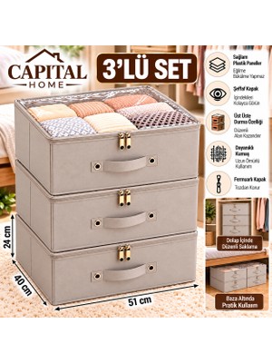 Capital Home 3 Adet Çok Amaçlı Düzenleyici Hurç + Saklama Kutusu Şefaf Kapallı +Fermuarlı Büyük Boy  51X40X24