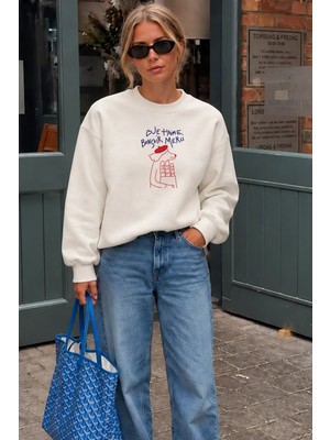 Monila Kadın Premium Kumaş 3 Iplik Şardonlu Köpek Baskılı Sweatshirt
