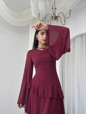 Miss Beyoğlu Volan Detaylı Şifon Elbise - Geniş Kollu Uzun Kadın Elbise