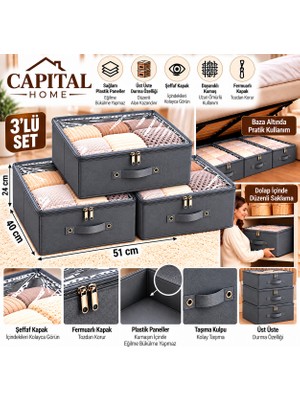 Capital Home 3 Adet Çok Amaçlı Düzenleyici Hurç + Saklama Kutusu Şefaf Kapallı +Fermuarlı Büyük Boy  51X40X24