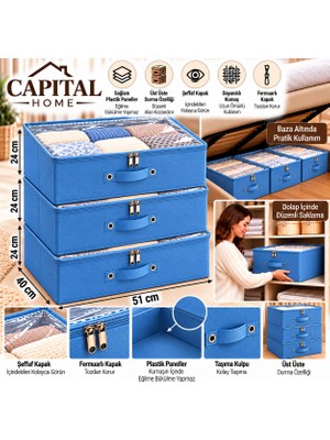 Capital Home 3 Adet Çok Amaçlı Düzenleyici Hurç + Saklama Kutusu Şefaf Kapallı +Fermuarlı Büyük Boy  51X40X24