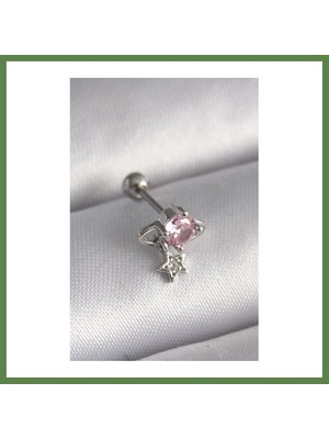 Bezos 316L Çelik Gümüş Renk Pembe Zirkon Taşlı Sallantı Yıldız Detay Tragus Piercing HB006