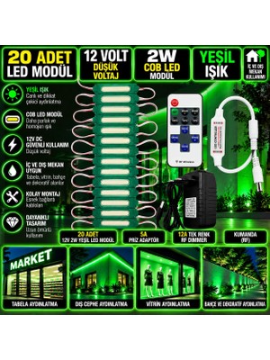 Powerr Led Aydınlatma 20 Adet 12V 2W Yeşil Cob LED Modül 5A Priz Adaptör 12A Tek Renk Rf Dimmer Set