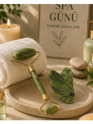 Jade Stone Yüz Bakım Seti Gua Sha ve Roller Masaj Taşı - Lisinya
