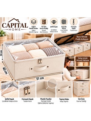 Capital Home Çok Amaçlı Düzenleyici Hurç + Saklama Kutusu Şefaf Kapallı +Fermuarlı Büyük Boy 51X40X24 cm