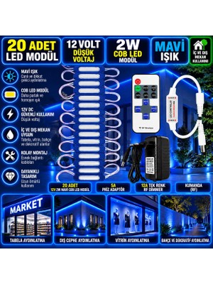 Powerr Led Aydınlatma 20 Adet 12V 2W Mavi Cob LED Modül 5A Priz Adaptör 12A Tek Renk Rf Dimmer Set