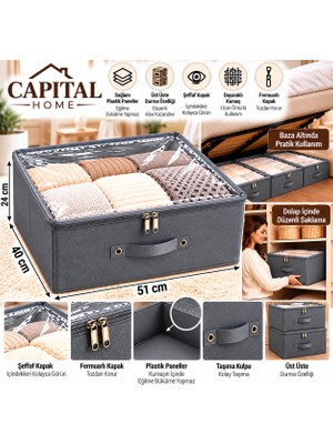 Capital Home Çok Amaçlı Düzenleyici Hurç + Saklama Kutusu Şefaf Kapallı +Fermuarlı Büyük Boy 51X40X24 cm