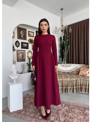 Miss Beyoğlu Belden Büzgülü Düz Yaka Elbise - Uzun Kollu Kadın Elbise