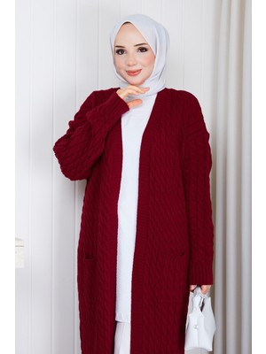 Pamuk Butik Kadın Saç Örgülü Cepli Salaş Triko Hırka -PMK627