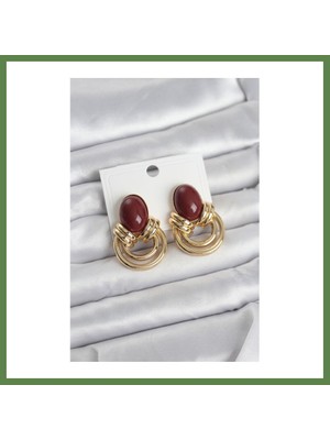 Bezos Pirinç Gold Renk Bordo Taşlı Vintage Kadın Küpe HB006