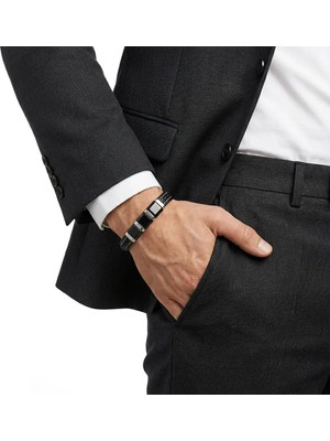 Onsun Siyah ve Gümüş Çelik Detaylı Siyah Deri Saç Örgü Bileklik