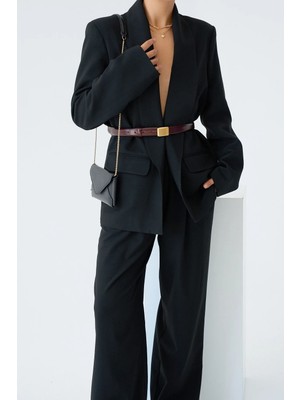 Miss Beyoğlu Oversize Blazer Ceket - Şal Yakalı Cepli Blazer - Siyah