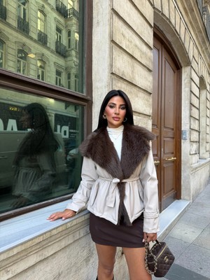Miss Beyoğlu Kürk Yaka Kemerli Suni Deri Ceket - Şık Kadın Ceket Modelleri