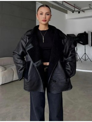 Miss Beyoğlu Kürk Astarlı Oversize Suni Deri Ceket - Geniş Yaka Kadın Deri Ceket